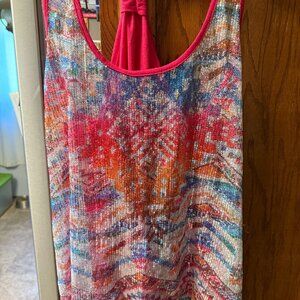 Almost Famous Women's Pink & Multicolor Sequin Top Sheer Front Party Sz XL
